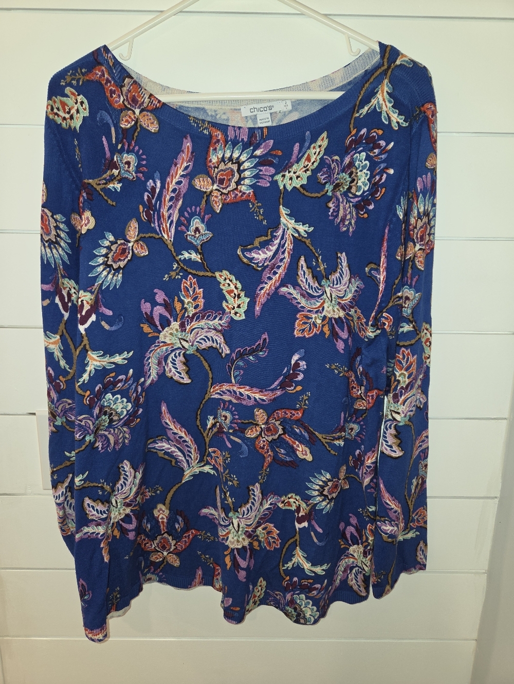 Chicos Jacobean Swirl Cobalt Blue Floral Bateau Neck Sweater
